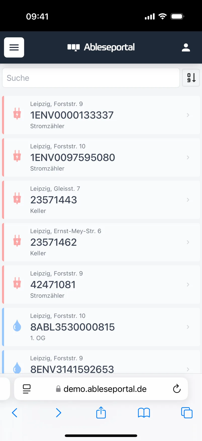 Ableseportal auf dem Smartphone: Liste der offenen Ablesungen mit Strom- und Wasserzählern