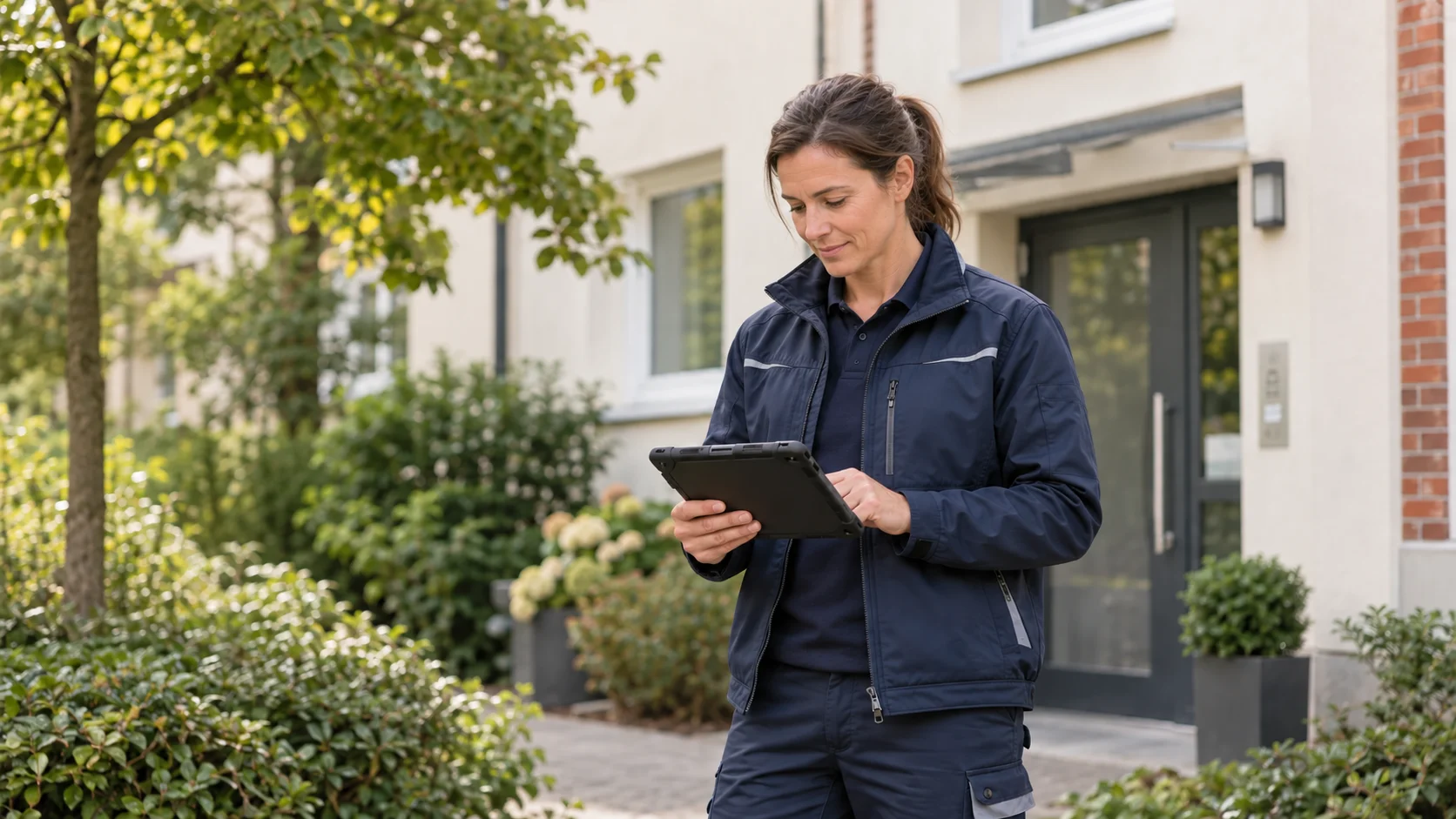 Monteurin in Arbeitskleidung prüft ein Tablet vor einem gepflegten Wohnhaus