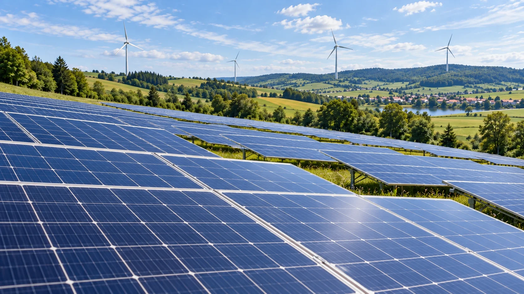 Solarmodule im Vordergrund mit Windrädern in einer grünen Hügellandschaft